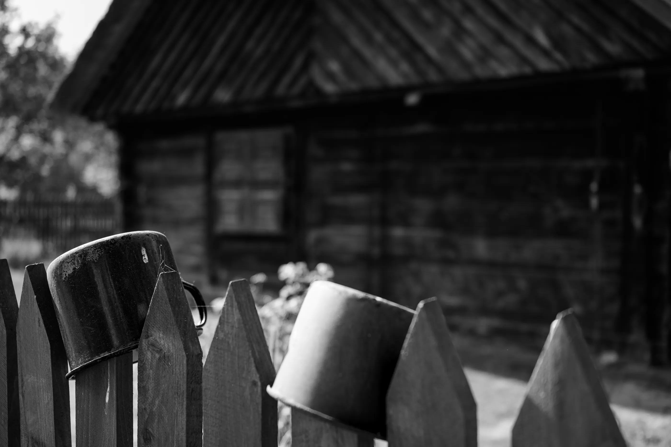 Black-and-white enamel jugs hang from a wooden picket fence in front of a rural cottage.