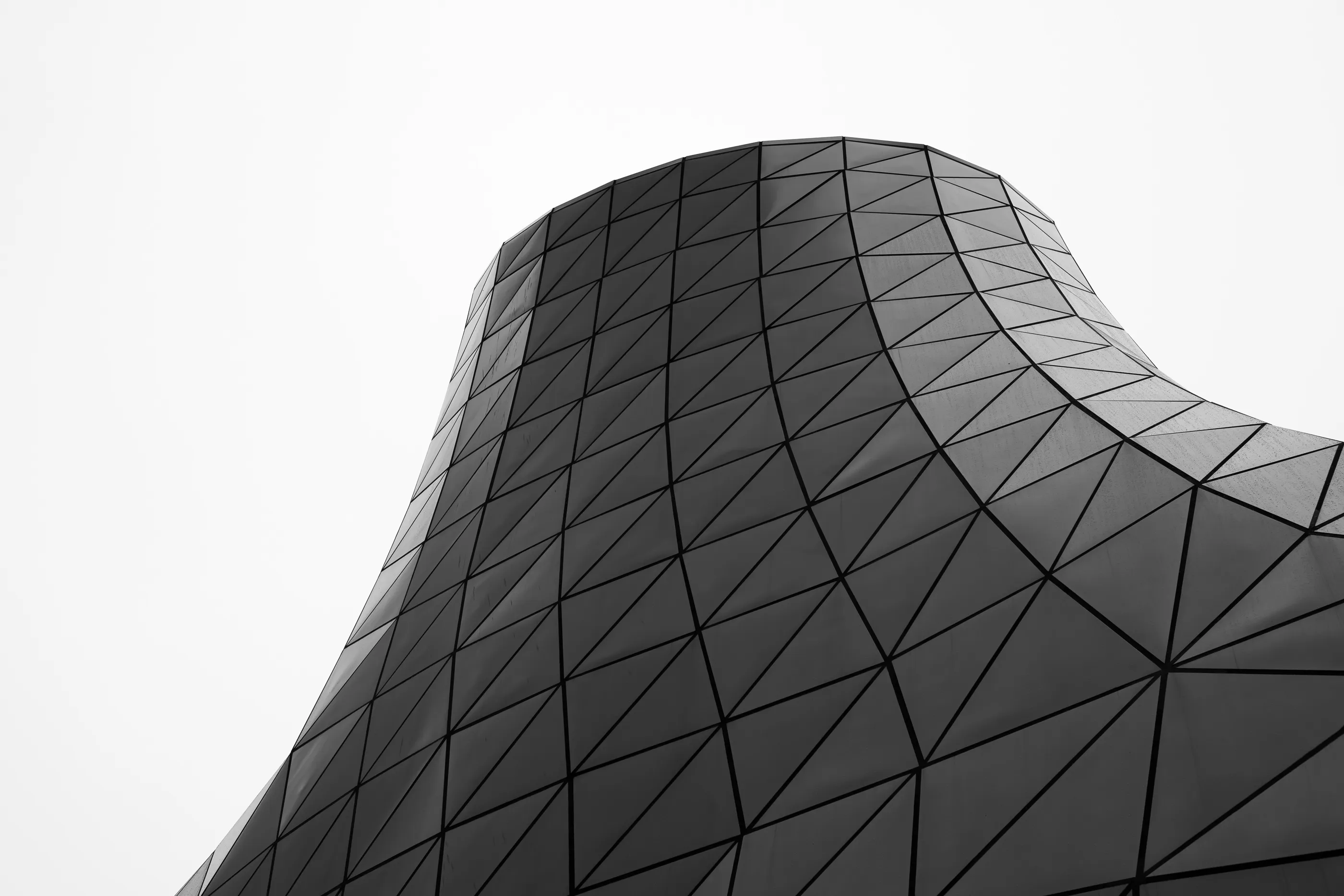 Black-and-white close-up of a building's curved, triangulated glass-and-steel facade.